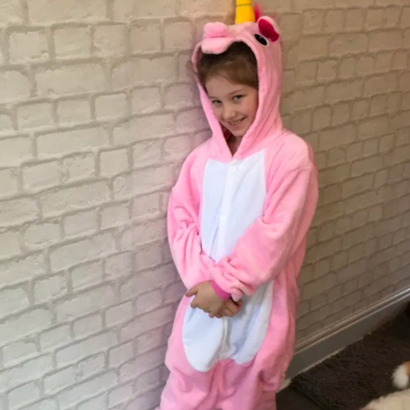 Girls Pink Unicorn Hoodie Button Suit Costume Pajamas Size 6-8 Y One Piece EUC - Picture 1 of 5